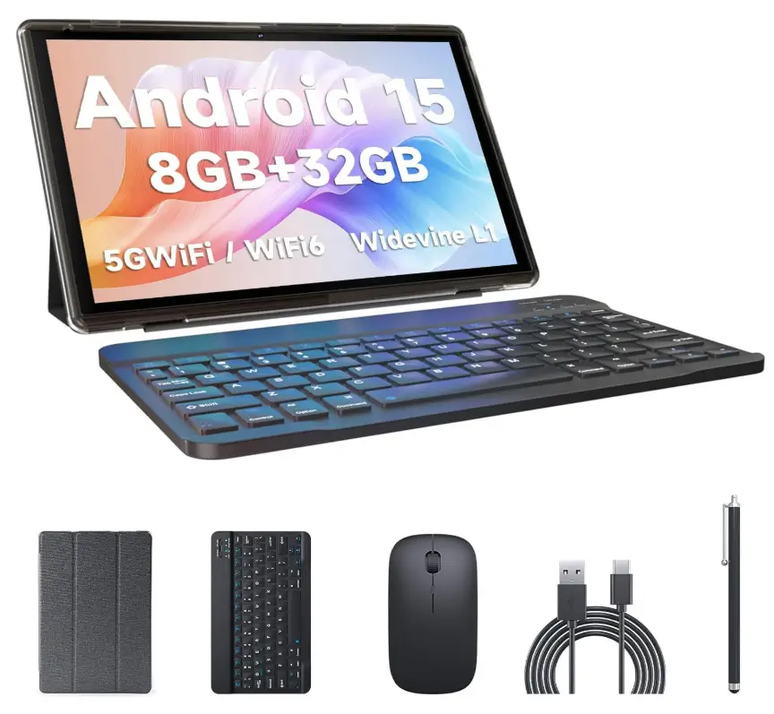 Android Tablet 2 in 1 with Keyboard Case Mouse Stylus, 10 inch Tablet Android 15 Tablets PC, 8GB RAM+32GB ROM Support 1TB Expandable, 6000mAh Battery 10.1" Tableta 2MP+8MP Dual Camera WiFi-6 Tablets