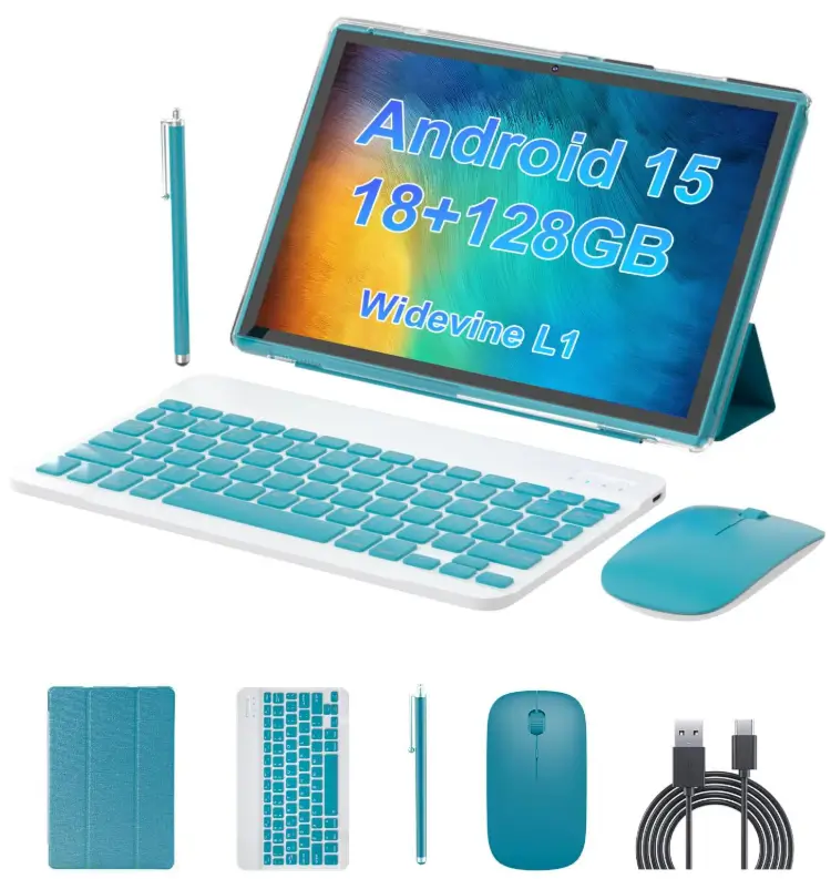 Android 15 Tablet 10 inch Tablet 2 IN 1 Tablets with Keyboard Mouse Case Stylus 18GB RAM 128GB ROM 2TB Expand, Android 15 Tableta 10.1" IPS 6000mAh Battery Bluetooth Dual Camera 5G WiFi-6 Tablets